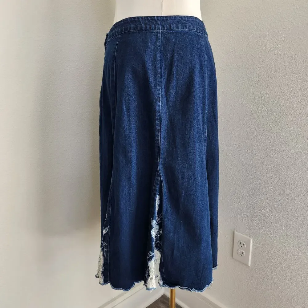 Vintage 90s Dark Wash Denim Midi Skirt Lace Inset Floral Embroidery Flare L